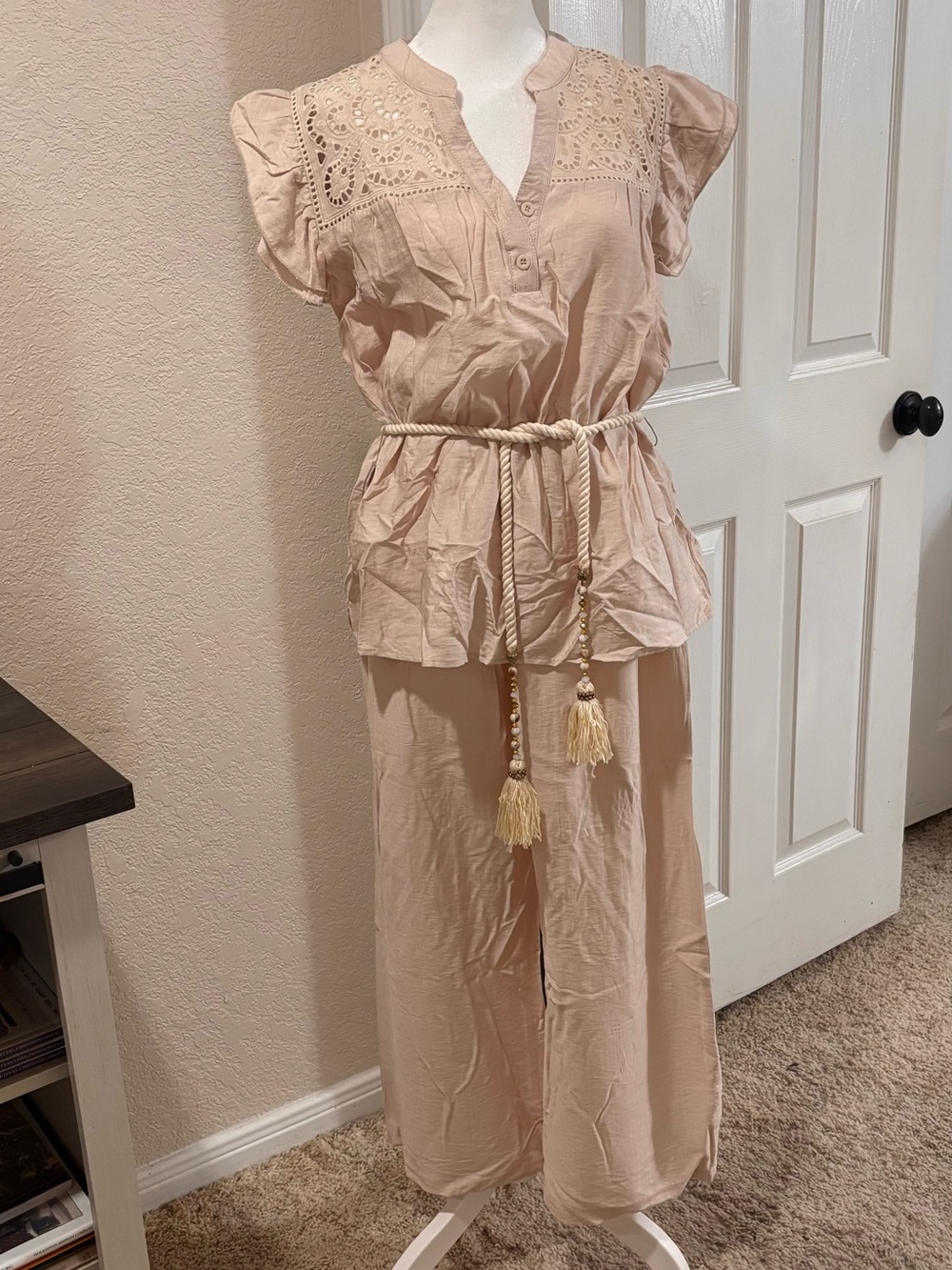 Beige Crochet-Detail pant suit set Rope Belt